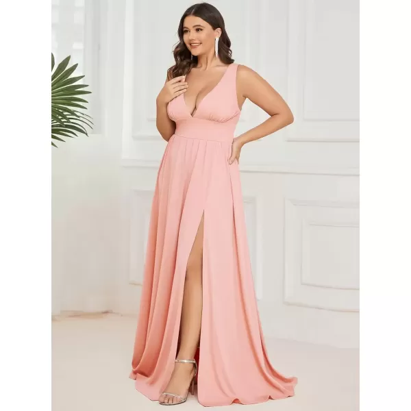 imageEverPretty Summer Maxi High Slit Pleated Sleeveless Plus Size Formal Dresses for Curvy Women 0168BDA1Pink