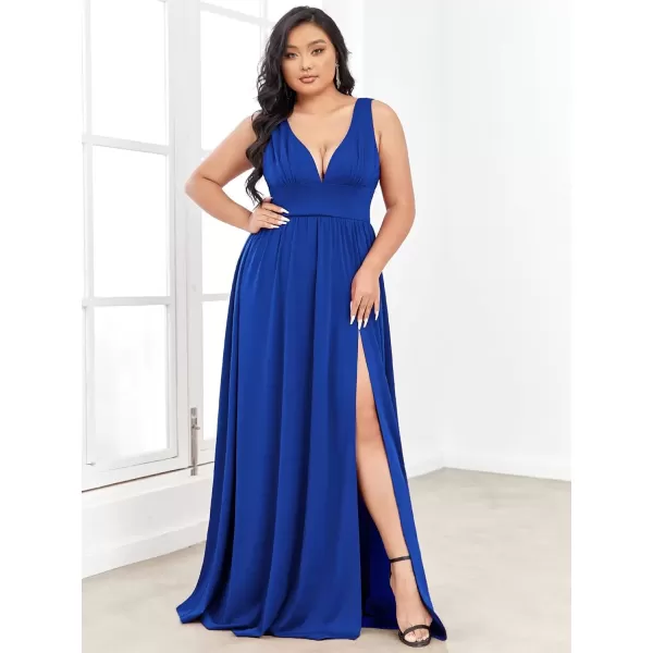 imageEverPretty Summer Maxi High Slit Pleated Sleeveless Plus Size Formal Dresses for Curvy Women 0168BDA1Sapphire Blue