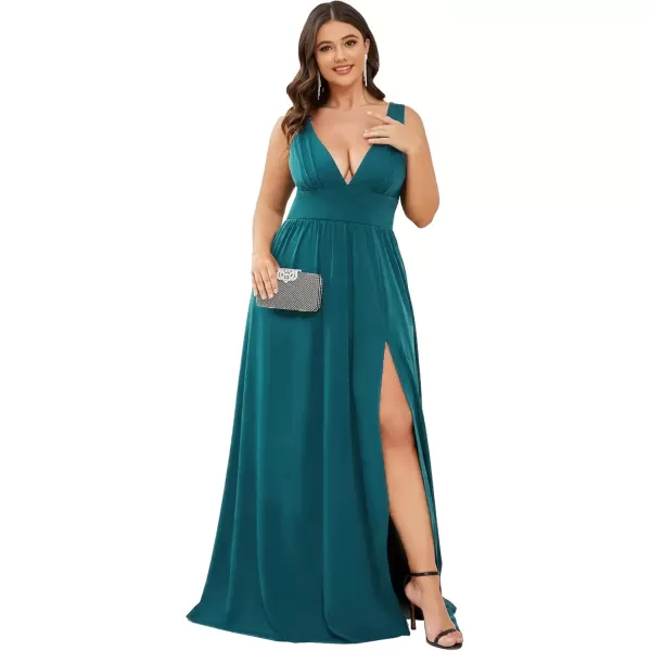 imageEverPretty Summer Maxi High Slit Pleated Sleeveless Plus Size Formal Dresses for Curvy Women 0168BDA1Teal