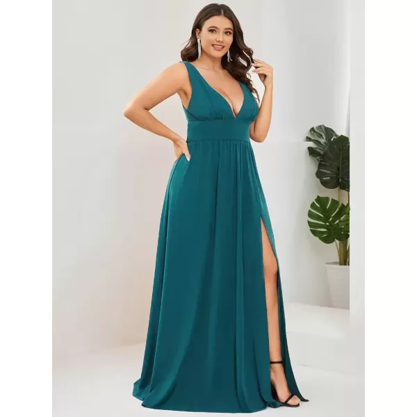 imageEverPretty Summer Maxi High Slit Pleated Sleeveless Plus Size Formal Dresses for Curvy Women 0168BDA1Teal