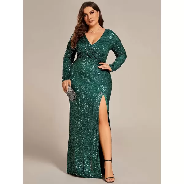 imageEverPretty Womens Plus Size Gorgerous Long Sequin Split Fall Winter Long Sleeves Evening Dress 50168DADeep Green