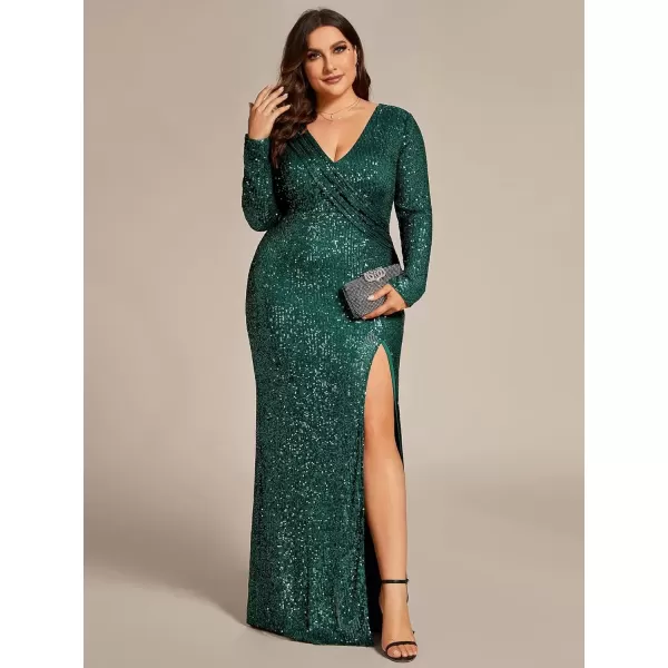 imageEverPretty Womens Plus Size Gorgerous Long Sequin Split Fall Winter Long Sleeves Evening Dress 50168DADeep Green