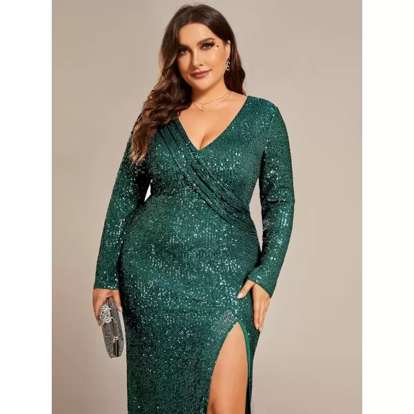 imageEverPretty Womens Plus Size Gorgerous Long Sequin Split Fall Winter Long Sleeves Evening Dress 50168DADeep Green