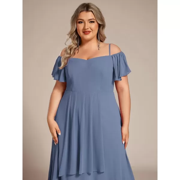 imageEverPretty Womens Plus Size Ruffle Sleeves Off Shoulder Empire Waist A Line Chiffon Summer Wedding Guest Dress 02103DADusty Navy