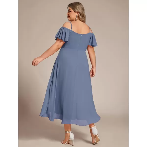 imageEverPretty Womens Plus Size Ruffle Sleeves Off Shoulder Empire Waist A Line Chiffon Summer Wedding Guest Dress 02103DADusty Navy