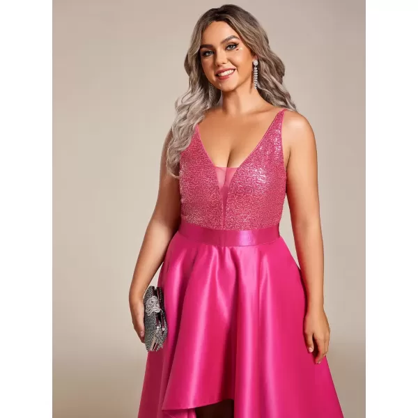 imageEverPretty Womens Plus Size Sequin VNeck HighLow Aline Evening Dress Prom Gowns 0667PZUSAHot Pink