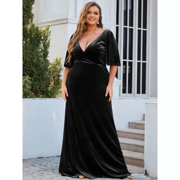 imageEverPretty Womens Retro VNeck Ruffles Sleeves Aline Velvet Maxi Winter Plus Size Formal Dress 00861DABlack