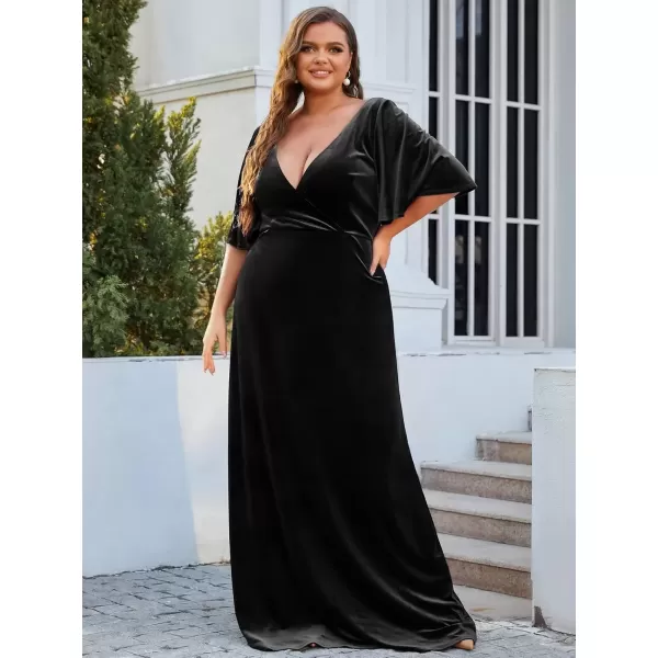 imageEverPretty Womens Retro VNeck Ruffles Sleeves Aline Velvet Maxi Winter Plus Size Formal Dress 00861DABlack