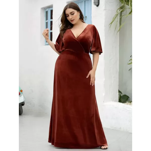 imageEverPretty Womens Retro VNeck Ruffles Sleeves Aline Velvet Maxi Winter Plus Size Formal Dress 00861DABrick Red