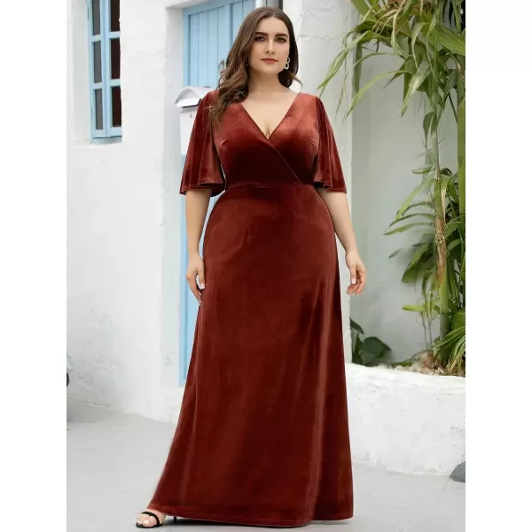 imageEverPretty Womens Retro VNeck Ruffles Sleeves Aline Velvet Maxi Winter Plus Size Formal Dress 00861DABrick Red