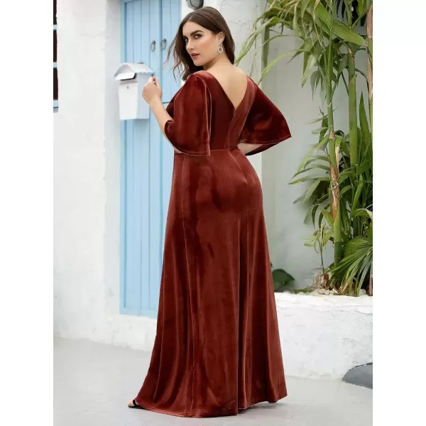 imageEverPretty Womens Retro VNeck Ruffles Sleeves Aline Velvet Maxi Winter Plus Size Formal Dress 00861DABrick Red