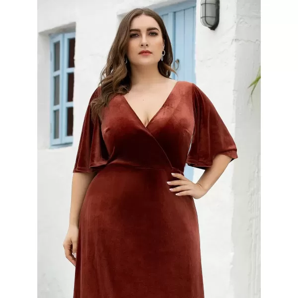 imageEverPretty Womens Retro VNeck Ruffles Sleeves Aline Velvet Maxi Winter Plus Size Formal Dress 00861DABrick Red