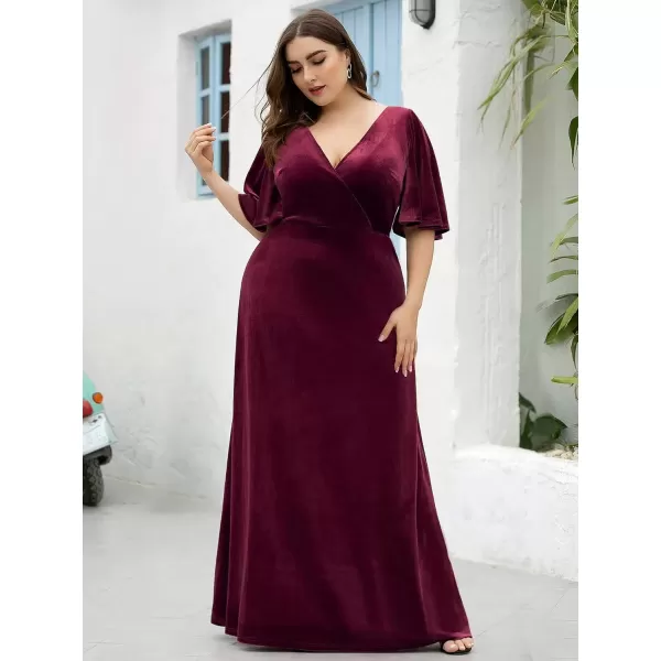 imageEverPretty Womens Retro VNeck Ruffles Sleeves Aline Velvet Maxi Winter Plus Size Formal Dress 00861DABurgundy