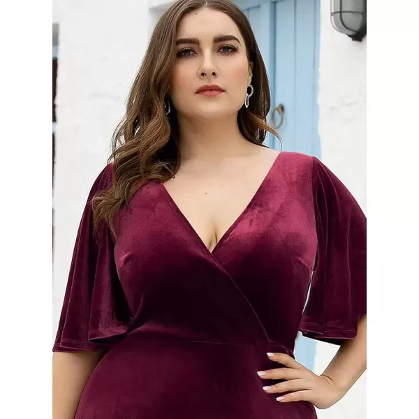 imageEverPretty Womens Retro VNeck Ruffles Sleeves Aline Velvet Maxi Winter Plus Size Formal Dress 00861DABurgundy