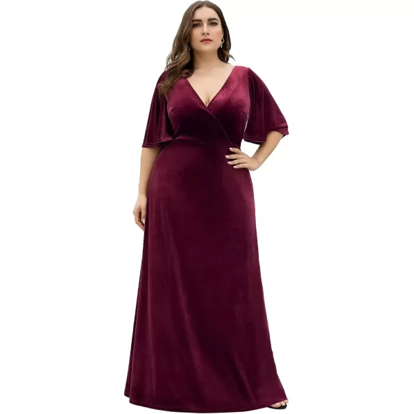 imageEverPretty Womens Retro VNeck Ruffles Sleeves Aline Velvet Maxi Winter Plus Size Formal Dress 00861DABurgundy