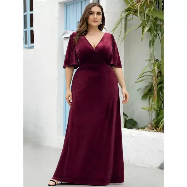 imageEverPretty Womens Retro VNeck Ruffles Sleeves Aline Velvet Maxi Winter Plus Size Formal Dress 00861DABurgundy