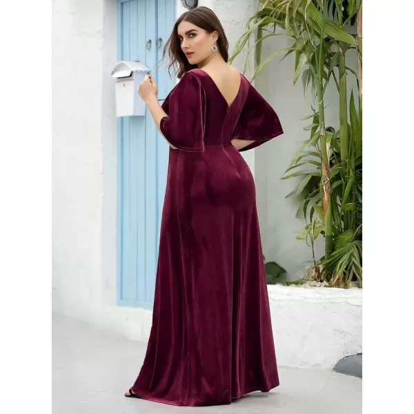 imageEverPretty Womens Retro VNeck Ruffles Sleeves Aline Velvet Maxi Winter Plus Size Formal Dress 00861DABurgundy