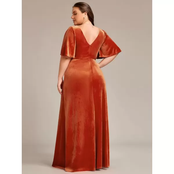 imageEverPretty Womens Retro VNeck Ruffles Sleeves Aline Velvet Maxi Winter Plus Size Formal Dress 00861DABurnt Orange