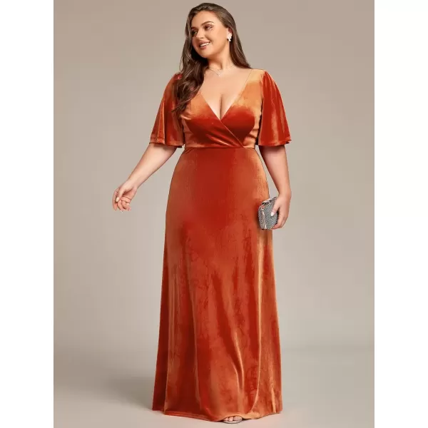 imageEverPretty Womens Retro VNeck Ruffles Sleeves Aline Velvet Maxi Winter Plus Size Formal Dress 00861DABurnt Orange