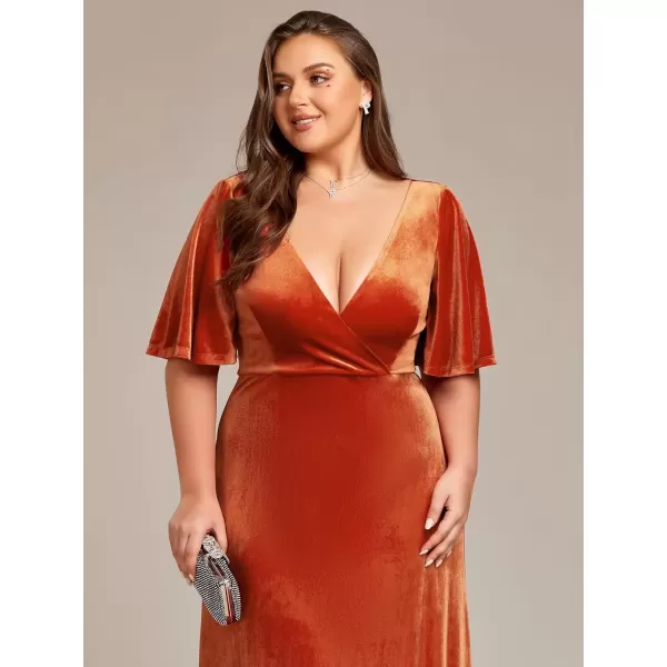 imageEverPretty Womens Retro VNeck Ruffles Sleeves Aline Velvet Maxi Winter Plus Size Formal Dress 00861DABurnt Orange