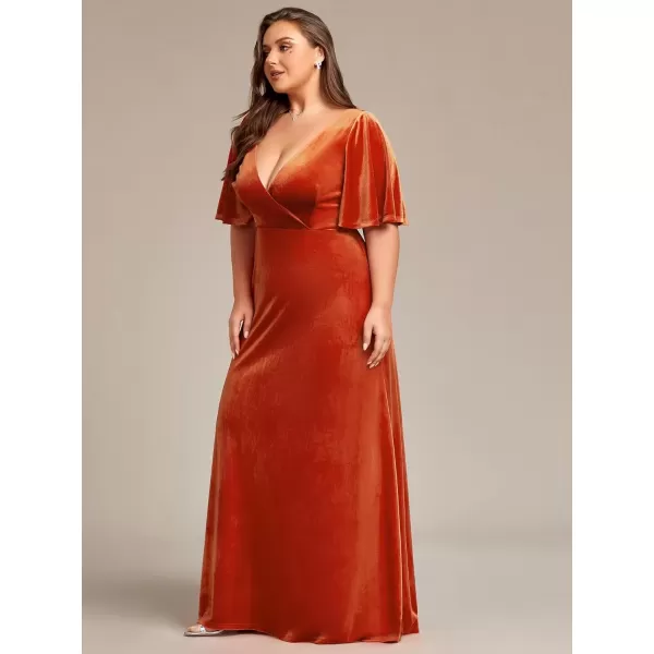 imageEverPretty Womens Retro VNeck Ruffles Sleeves Aline Velvet Maxi Winter Plus Size Formal Dress 00861DABurnt Orange