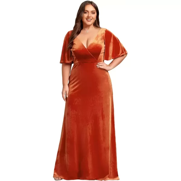 imageEverPretty Womens Retro VNeck Ruffles Sleeves Aline Velvet Maxi Winter Plus Size Formal Dress 00861DABurnt Orange