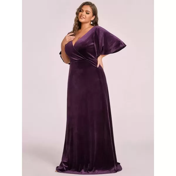 imageEverPretty Womens Retro VNeck Ruffles Sleeves Aline Velvet Maxi Winter Plus Size Formal Dress 00861DADark Purple