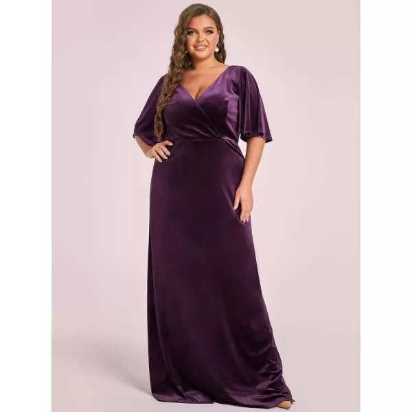 imageEverPretty Womens Retro VNeck Ruffles Sleeves Aline Velvet Maxi Winter Plus Size Formal Dress 00861DADark Purple