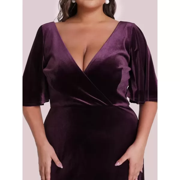 imageEverPretty Womens Retro VNeck Ruffles Sleeves Aline Velvet Maxi Winter Plus Size Formal Dress 00861DADark Purple