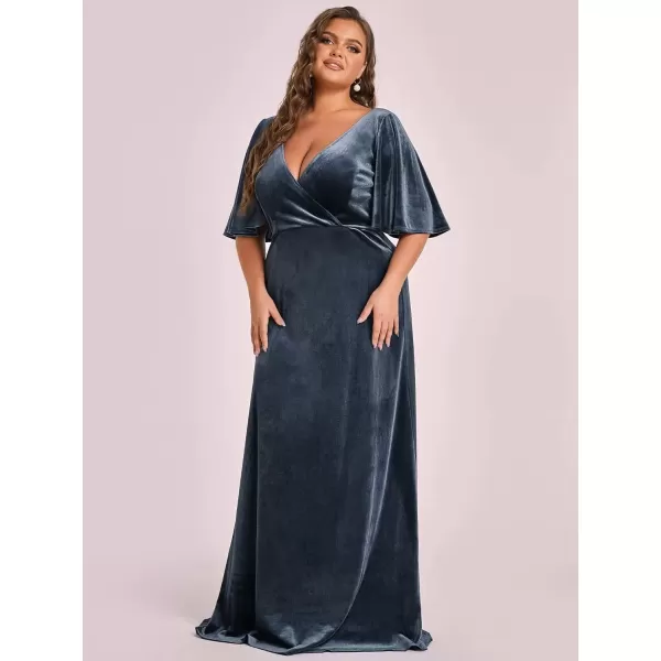 imageEverPretty Womens Retro VNeck Ruffles Sleeves Aline Velvet Maxi Winter Plus Size Formal Dress 00861DAHaze Blue