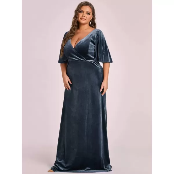 imageEverPretty Womens Retro VNeck Ruffles Sleeves Aline Velvet Maxi Winter Plus Size Formal Dress 00861DAHaze Blue