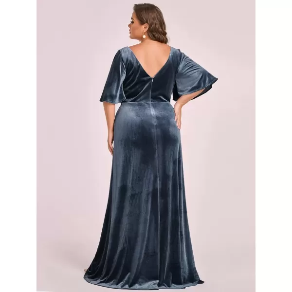 imageEverPretty Womens Retro VNeck Ruffles Sleeves Aline Velvet Maxi Winter Plus Size Formal Dress 00861DAHaze Blue