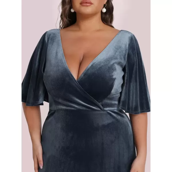 imageEverPretty Womens Retro VNeck Ruffles Sleeves Aline Velvet Maxi Winter Plus Size Formal Dress 00861DAHaze Blue