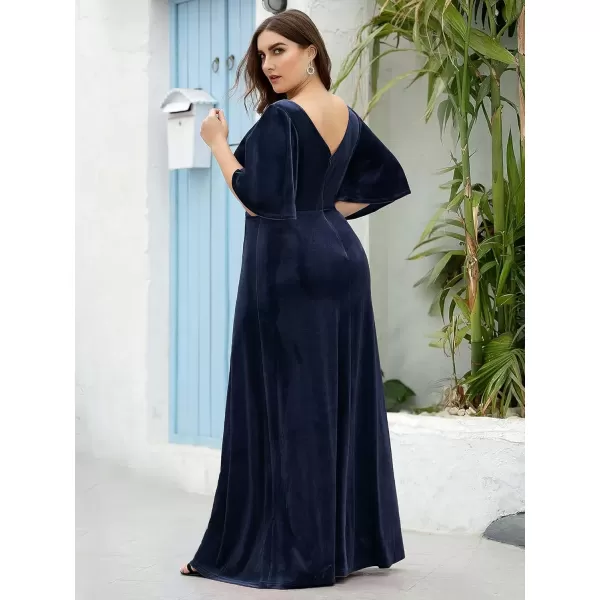 imageEverPretty Womens Retro VNeck Ruffles Sleeves Aline Velvet Maxi Winter Plus Size Formal Dress 00861DANavy Blue