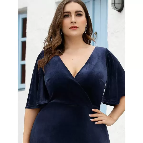 imageEverPretty Womens Retro VNeck Ruffles Sleeves Aline Velvet Maxi Winter Plus Size Formal Dress 00861DANavy Blue