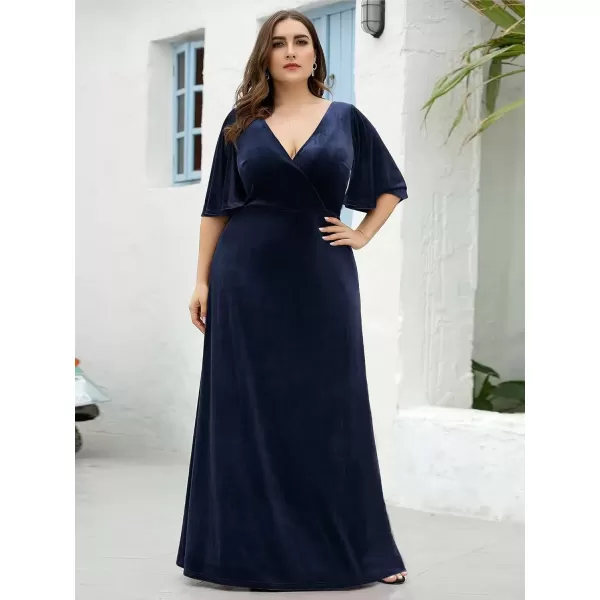 imageEverPretty Womens Retro VNeck Ruffles Sleeves Aline Velvet Maxi Winter Plus Size Formal Dress 00861DANavy Blue