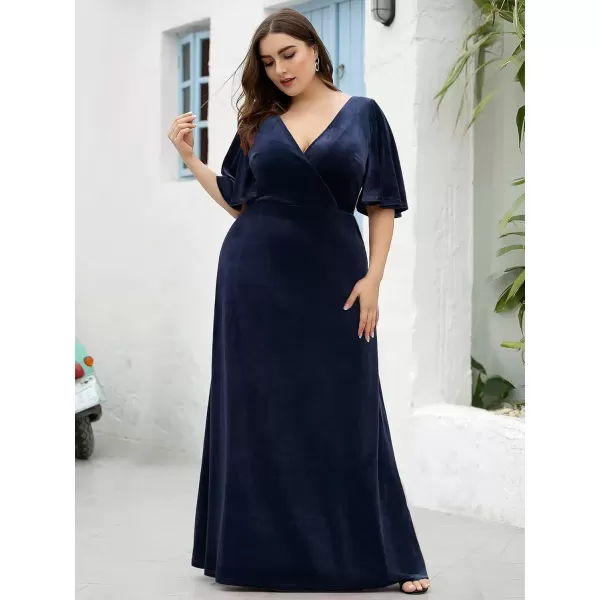 imageEverPretty Womens Retro VNeck Ruffles Sleeves Aline Velvet Maxi Winter Plus Size Formal Dress 00861DANavy Blue