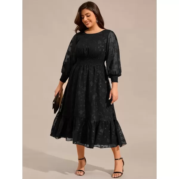 imageEverPretty Womens Round Neck A Line Chiffon Long Sleeves Midi Length Plus Size Casual Dress for Wedding Guest 02279DABlack