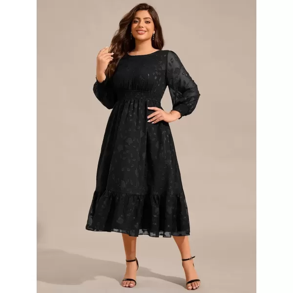 imageEverPretty Womens Round Neck A Line Chiffon Long Sleeves Midi Length Plus Size Casual Dress for Wedding Guest 02279DABlack