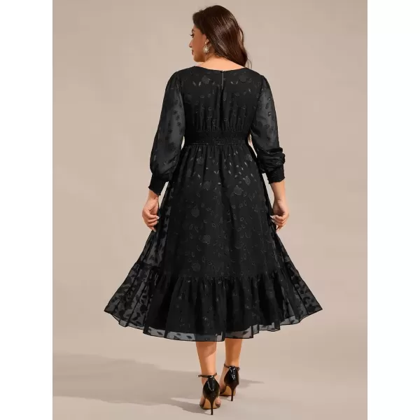 imageEverPretty Womens Round Neck A Line Chiffon Long Sleeves Midi Length Plus Size Casual Dress for Wedding Guest 02279DABlack