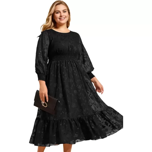 imageEverPretty Womens Round Neck A Line Chiffon Long Sleeves Midi Length Plus Size Casual Dress for Wedding Guest 02279DABlack