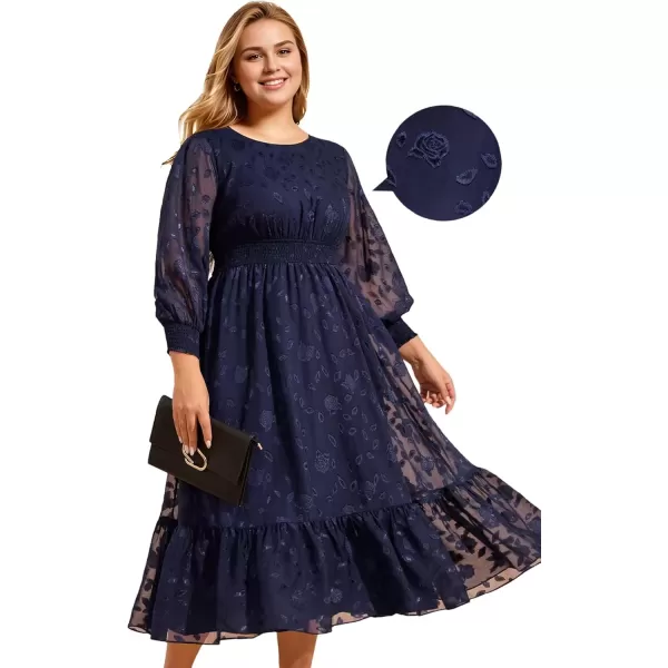 imageEverPretty Womens Round Neck A Line Chiffon Long Sleeves Midi Length Plus Size Casual Dress for Wedding Guest 02279DANavy Blue