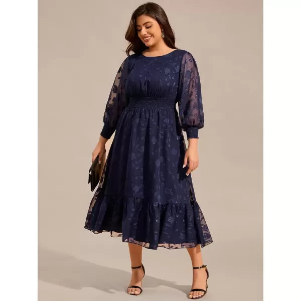 imageEverPretty Womens Round Neck A Line Chiffon Long Sleeves Midi Length Plus Size Casual Dress for Wedding Guest 02279DANavy Blue