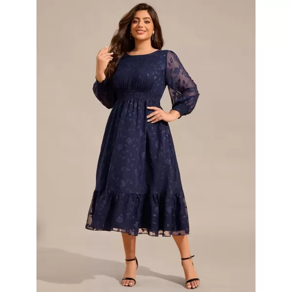 imageEverPretty Womens Round Neck A Line Chiffon Long Sleeves Midi Length Plus Size Casual Dress for Wedding Guest 02279DANavy Blue