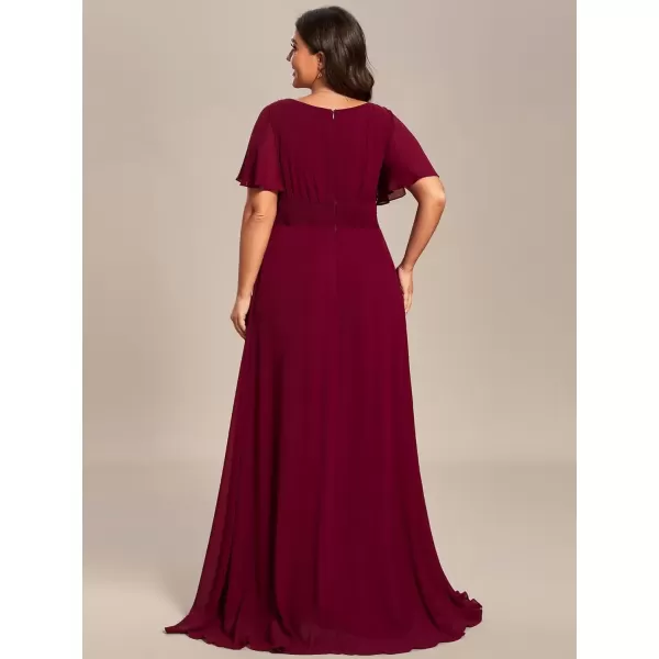 imageEverPretty Womens Round Neck Short Sleeves A Line Chiffon Pleated Waist Maxi Mothers Dresses 01840DABburgundy