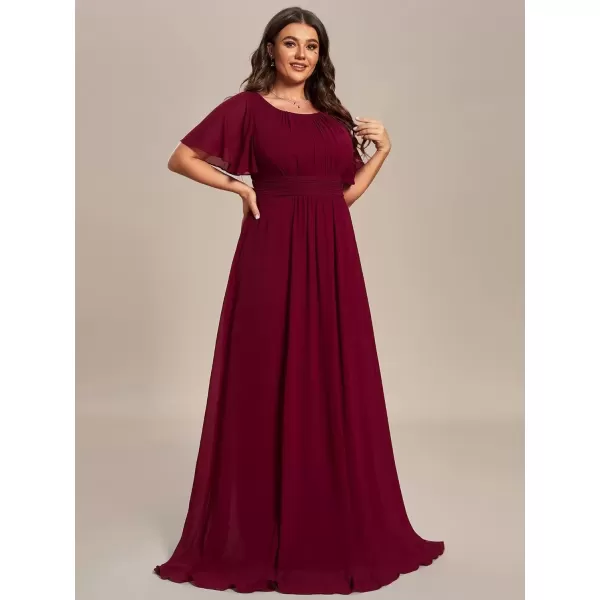 imageEverPretty Womens Round Neck Short Sleeves A Line Chiffon Pleated Waist Maxi Mothers Dresses 01840DABburgundy