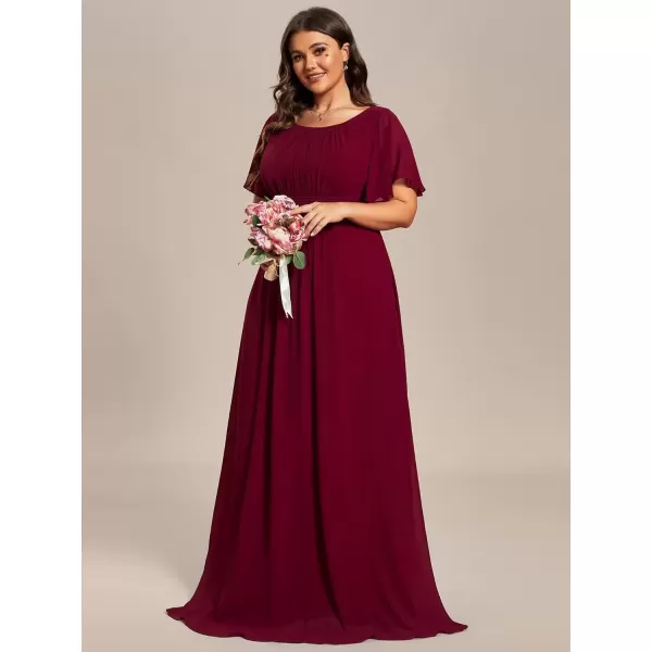 imageEverPretty Womens Round Neck Short Sleeves A Line Chiffon Pleated Waist Maxi Mothers Dresses 01840DABburgundy