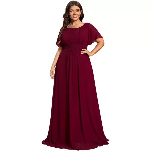 imageEverPretty Womens Round Neck Short Sleeves A Line Chiffon Pleated Waist Maxi Mothers Dresses 01840DABburgundy