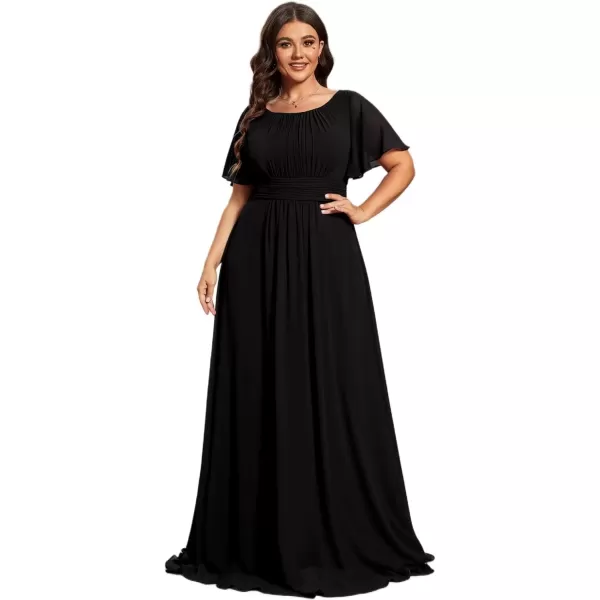 imageEverPretty Womens Round Neck Short Sleeves A Line Chiffon Pleated Waist Maxi Mothers Dresses 01840DABlack