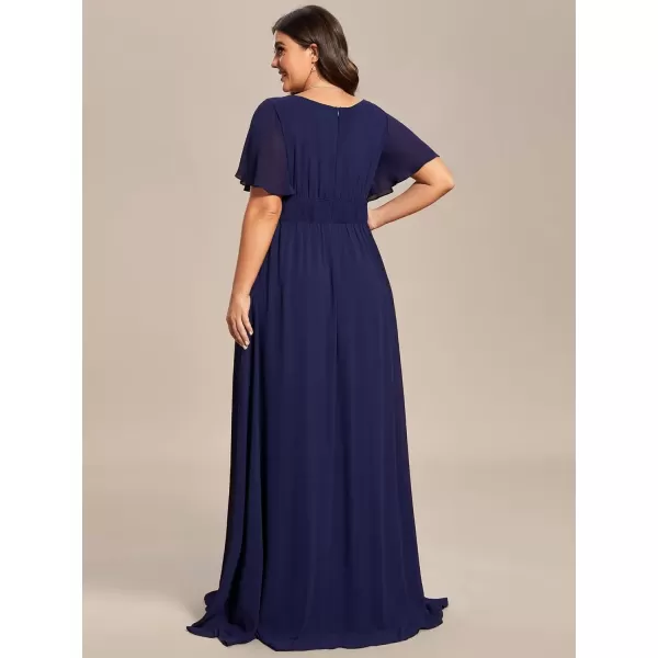 imageEverPretty Womens Round Neck Short Sleeves A Line Chiffon Pleated Waist Maxi Mothers Dresses 01840DABnavy Blue